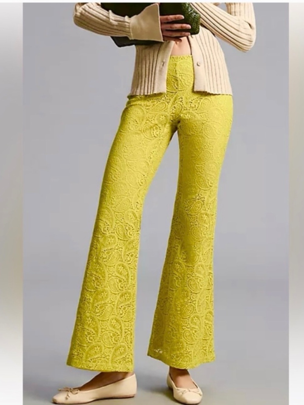 Anthropologie Chartreuse Yellow Lace Flares size 10T Tall summer boho